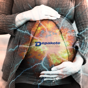 Woman in advanced pregnancy holding hands above and below belly with Depakote logo highlighted by images of destruction