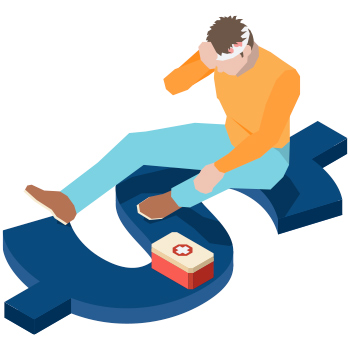 illustration of man with bandaged head injury sitting on large blue dollar sign