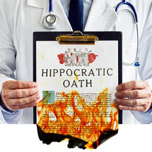 Doctor holding clipboard with burning hippocratic oath