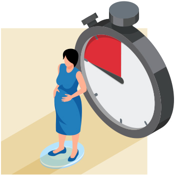 illustration of pregnant woman in a blue dress standing in ffront of a huge stopwatch with a red highlighted section