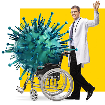 Doctor pushing giant virus in wheelchair with yellow background