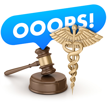 gavel and caduceus with blue speech bubble that reads 'oops' 