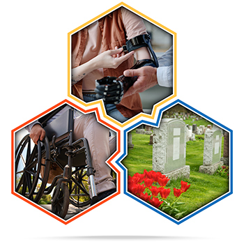 graphic shapes with colored outlines containing images of girl with prosthetic arm, young man in wheelchair, and cemetery with flowers