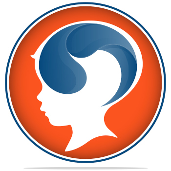 silhouette of child's head on round orange background with blue water in place of brain